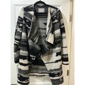 Guest Editor Black Grey White Geometric Knit Open Front Waterfall Cardigan Coat